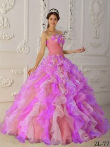 Strapless Organza Dresses for Quince with Flowers and Ruffles in Multi-color