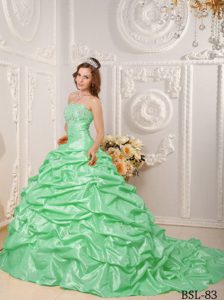 Strapless Appliqued Sweet 16 Quinceanera Dress with Pick-ups in Apple Green