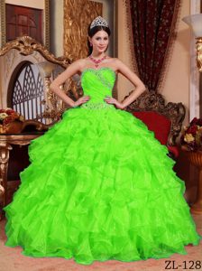 Beaded and Ruffled Dresses for Quince in Spring Green with Sweetheart