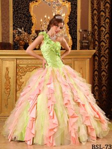 Stylish Multi-colored One Shoulder Quinceanera Gown with Ruffles and Beads
