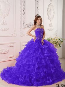 Strapless Organza Sweet Sixteen Dresses in Blue with Ruffles and Embroidery