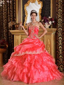 Beauty Watermelon Quince Gown Dress with Appliques and Ruffles in Organza