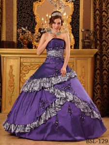 Zebra Strapless Quinceanera Gowns in Purple with Embroidery on Promotion