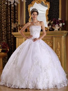 Appliqued White Quinceanera Dress with Strapless and Zipper Up Back on Sale
