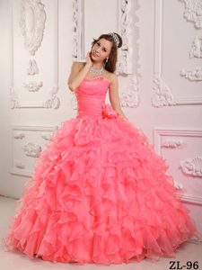 Ruffled and Beaded Sweet Sixteen Dresses in Coral Red with Handmade Flower
