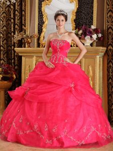 Glitz Strapless Coral Red Quinceanera Gown Dress with Appliques in Organza