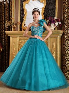 Best Teal A-line One Shoulder Quinceanera Gown with Appliques and Ruffles