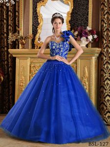 2013 Beaded and Appliqued Quinces Dress with Single Shoulder in Royal Blue