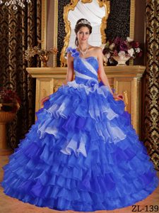 Beading One Shoulder Sweet Sixteen Dresses with Flowers and Layers in Blue