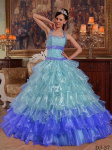 Halter Top Long Quinces Dresses with Beadings and Layers in Organza