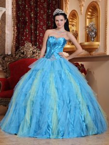 Sweetheart Long Beaded Tulle Perfect Quince Dresses in Aqua Blue