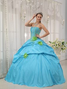 Strapless Baby Blue Nice Dress for Quince with Beading and Flowers