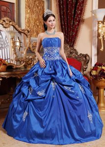 Affordable Blue Ball Gown Strapless Quinces Dress with Appliques
