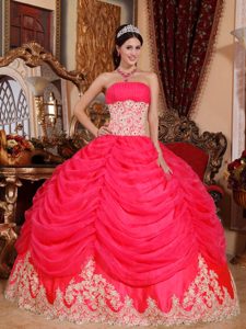 Ball Gown Strapless Beaded Organza Cute Quinceanera Gowns in Coral Red