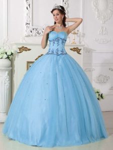 Light Blue Ball Gown Sweetheart Quince Dresses with Beading on Promotion