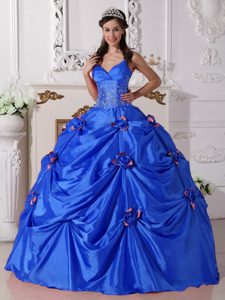 Nice Blue Ball Gown Beaded Dresses for Quince with Spaghetti Straps