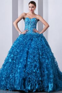 Blue A-line Sweetheart Brush Train Beaded Quince Gown in Organza on Sale