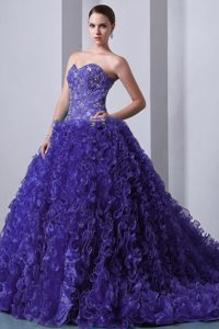 A-line Sweetheart Beaded and Ruffled Quinceanera Dress for Cheap in Purple