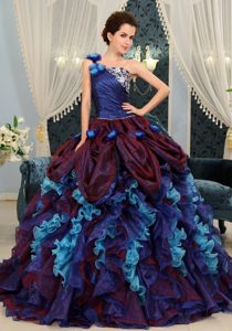 Cheap Muti-Color One Shoulder Quinceanera Dress with Flowers and Ruffles
