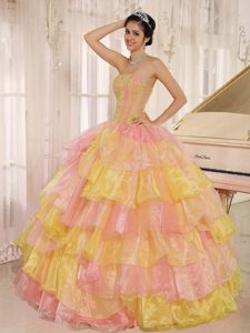 Pretty Multi-colored Strapless Organza Sweet 16 Dress with Beading and Ruffles
