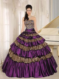 Dark Purple and Leopard Strapless Quinceanera Dress with Layers and Beading