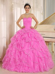 Pretty Hot Pink Sweetheart Ruched Quinceanera Dress with Beading and Ruffles