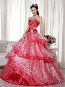 Coral Red Sweetheart Ruched Layered Sweet 16 Dress with Beading and Flower