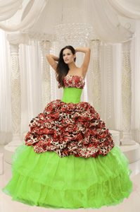 Strapless Leopard and Yellow Green Layered Quinceanera Dress with Pick-ups