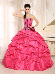 Hot Pink Sweetheart Beaded Sweet 16 Dress with Pick-ups and Flower