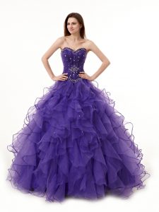 Stylish Purple Lace Up Quinceanera Dresses Beading and Ruffles Sleeveless Floor Length