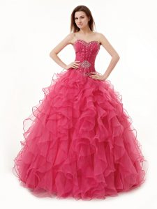 Best Sleeveless Organza Floor Length Lace Up Quinceanera Gown in Coral Red with Beading and Ruffles
