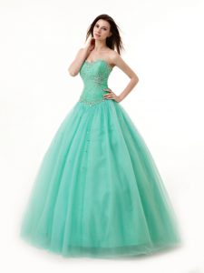 Fine Floor Length Lace Up Quinceanera Gowns Turquoise for Military Ball and Sweet 16 and Quinceanera with Beading and Ru