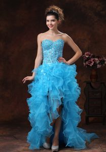 Beautiful High-low Aqua Blue Beaded Celebrity Dresses for Less with Ruffles