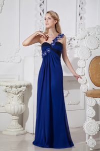 Charming One Shoulder Blue Long Chiffon Betty Celebrity Dress with Flowers