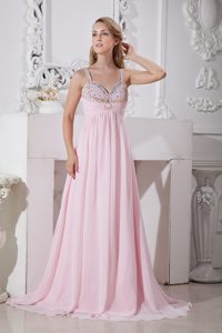 Fashionable Gold and Silver Beaded Celebrity Red Carpet Dress in Light Pink