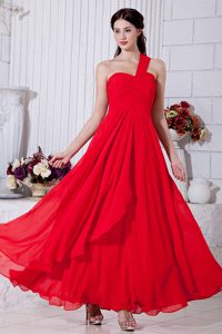 Popular Red One Shoulder Ruched Ankle-length Chiffon Betty Celebrity Dress