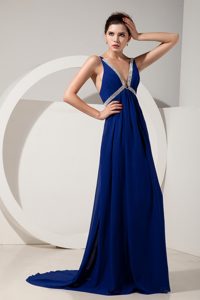 Peacock Blue V-neck Zipper-up Chiffon Romantic Celebrities Dresses for Less