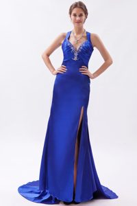 Royal Blue Gorgeous Embroidered Ruched Celebrity Dresses with High Slit