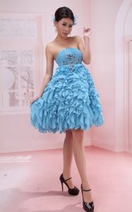 Ruffled A-line Appliqued Strapless Baby Blue Evening Celebrity Dresses