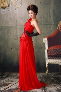 Red One Shoulder Beaded and Flowery Evening Celebrity Dresses with Brush Train