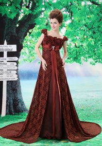 Flowery Court Train Celebrity Party Dresses with Sash Bow and Square Neckline