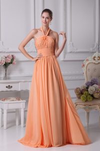 Beading and Ruching Decorated Halter Top Evening Dresses for Celebrity in Orange