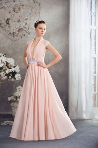 Baby Pink Empire Plunging Neckline Long Celebrity Dresses with Silver Sash