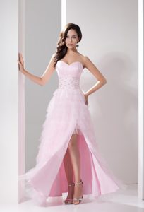 Pink Sweetheart Beaded Slit Evening Celebrity Dress with Ruffled Layers and Bow