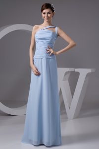 One Shoulder Ruched Long Chiffon Celebrity Party Dresses in Light Blue