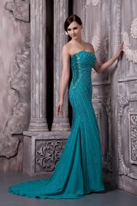 Chiffon Beaded Teal Strapless Evening Dress for Celebrity with Court Train