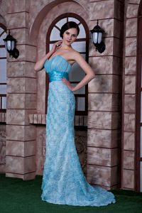 Ruched and Appliqued Sweetheart Flowery Dress for Celebrity in Aqua Blue