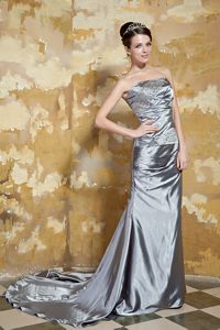 Court Train Grey Strapless Dresses for Celebrity with Beading and Ruching