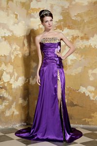 Purple Strapless Brush Train Evening Dresses for Celebrity with High Slit