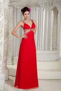 Empire Straps Chiffon Beaded Long Celebrity Party Dress in Red with Cutouts